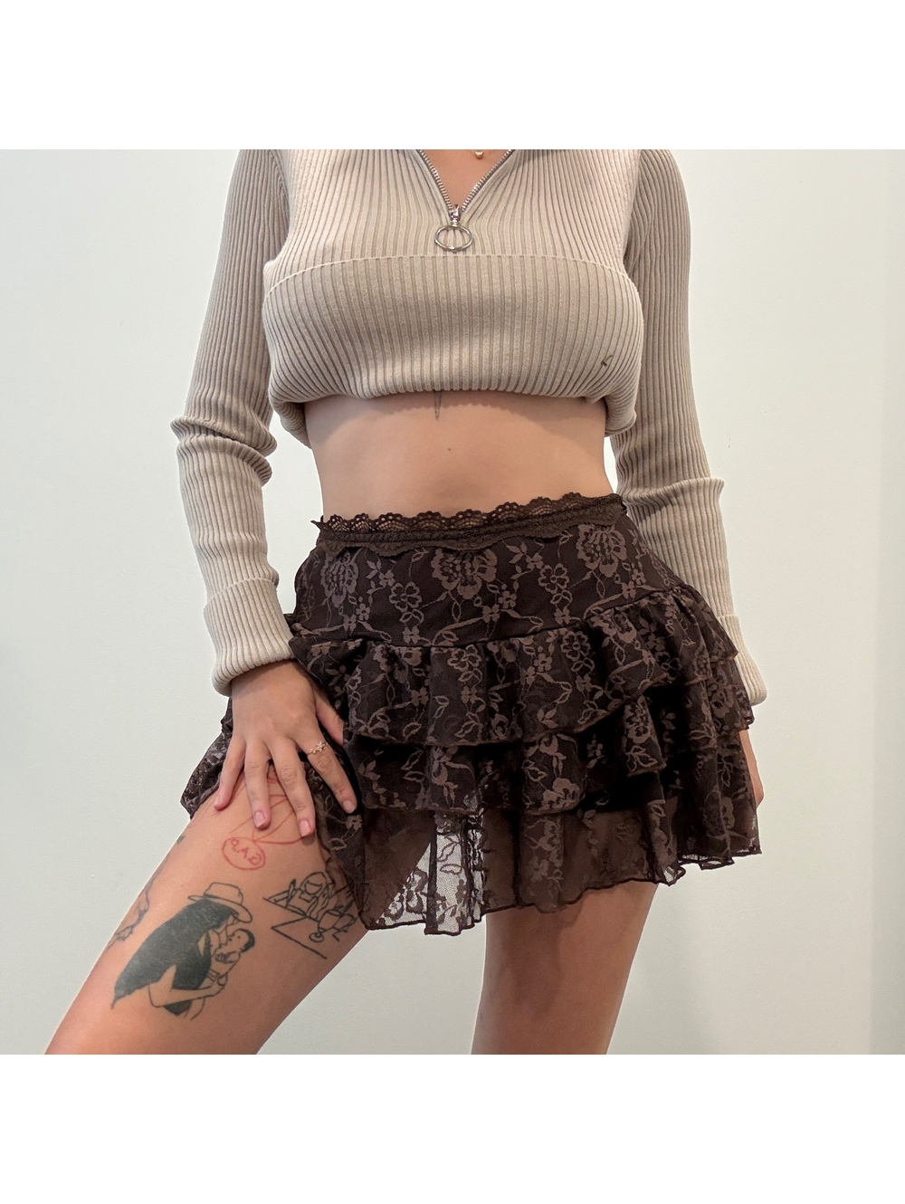 Y2K Brown Lace Ruffle Mini Skirt
